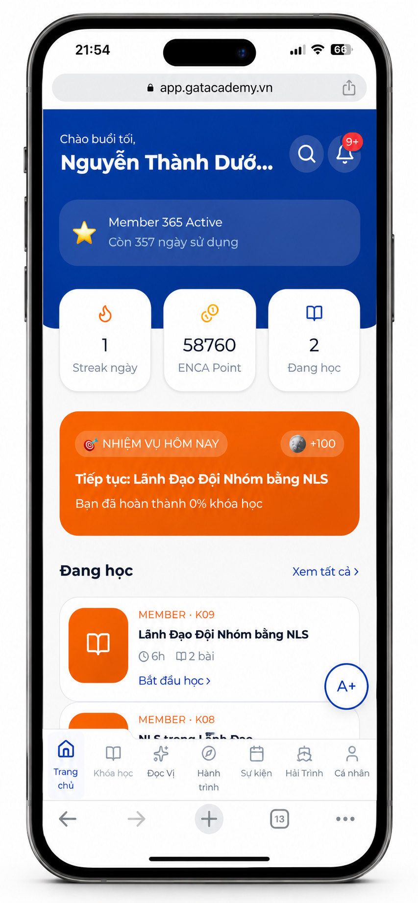 Giao diện App GAT Academy trên iPhone 14 Pro Max